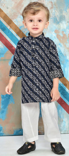 Party Wear Blue color Boys Kurta Pyjama in Cotton fabric with Printed work : 1955319