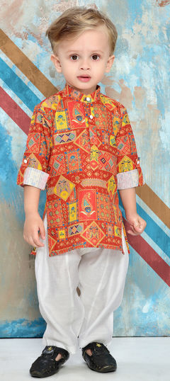 Party Wear Orange color Boys Kurta Pyjama in Cotton fabric with Printed work : 1955321