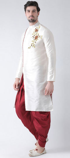 White and Off White color Dhoti Kurta in Dupion Silk fabric with Embroidered, Thread work