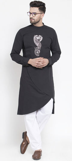 Black and Grey color Kurta Pyjamas in Cotton fabric with Embroidered, Thread work