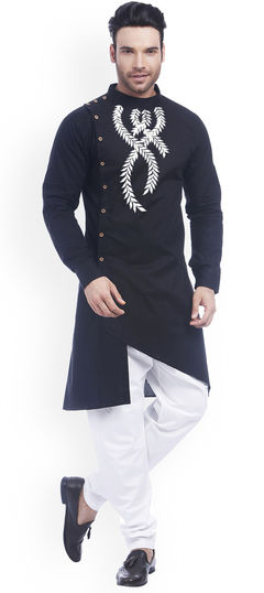 Black and Grey color Kurta Pyjamas in Cotton fabric with Embroidered, Thread work