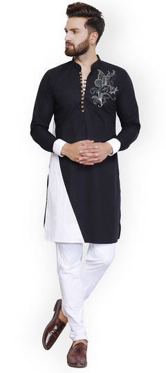 Black and Grey color Kurta Pyjamas in Cotton fabric with Embroidered, Thread work