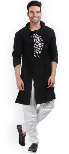 Black and Grey color Kurta Pyjamas in Cotton fabric with Embroidered, Thread work