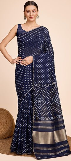 Blue color Saree in Cotton fabric with Bandhej, Printed, Weaving work