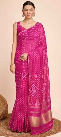 Festive, Traditional Pink and Majenta color Saree in Cotton fabric with Bengali, Rajasthani Bandhej, Printed, Weaving work : 1955458