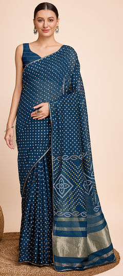 Blue color Saree in Cotton fabric with Bandhej, Printed, Weaving work