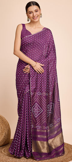 Festive, Traditional Purple and Violet color Saree in Cotton fabric with Bengali, Rajasthani Bandhej, Printed, Weaving work : 1955460