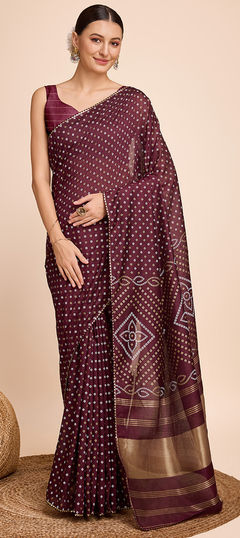 Purple and Violet color Saree in Cotton fabric with Bandhej, Printed, Weaving work