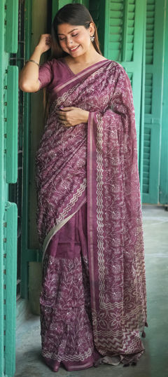 Pink and Majenta color Saree in Tussar Silk fabric with Embroidered, Printed work