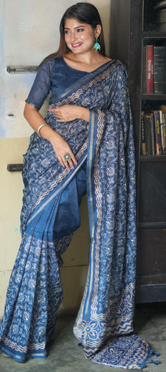 Blue color Saree in Tussar Silk fabric with Embroidered, Printed work