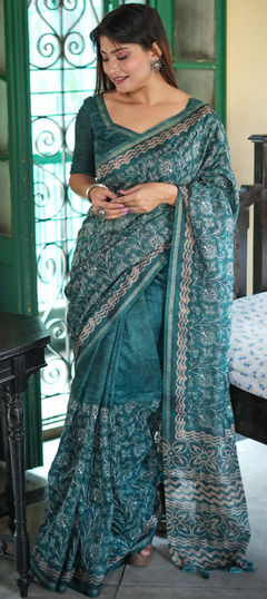 Green color Saree in Tussar Silk fabric with Embroidered, Printed work