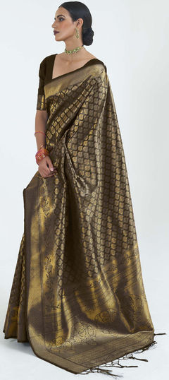 Black and Grey color Saree in Handloom fabric with Weaving work