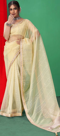 Yellow color Saree in Organza Silk fabric with Embroidered, Gota Patti, Sequence, Thread work