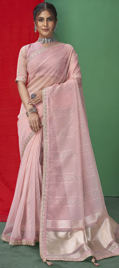 Pink and Majenta color Saree in Organza Silk fabric with Embroidered, Gota Patti, Sequence, Thread work