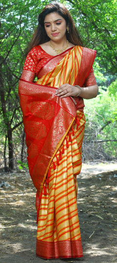 Festive, Reception, Traditional Yellow color Saree in Silk fabric with Rajasthani Lehariya, Weaving, Zari work : 1955490