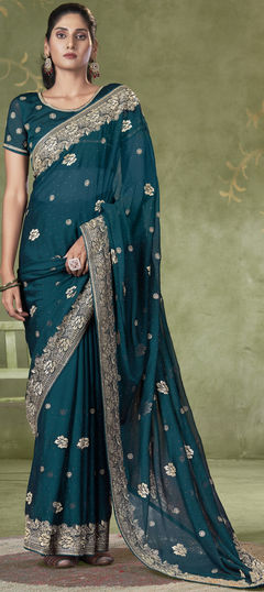 Blue color Saree in Chiffon fabric with Embroidered, Thread, Zari work