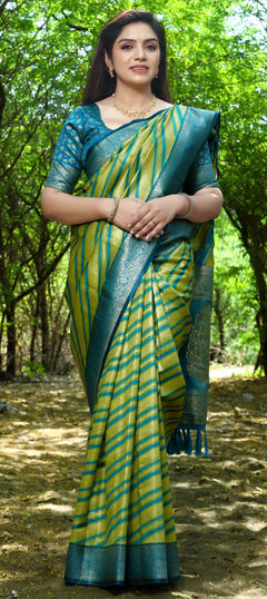 Festive, Reception, Traditional Green color Saree in Silk fabric with Rajasthani Lehariya, Weaving, Zari work : 1955492