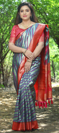 Festive, Reception, Traditional Blue color Saree in Silk fabric with Rajasthani Lehariya, Weaving, Zari work : 1955493