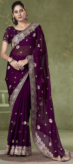 Purple and Violet color Saree in Chiffon fabric with Embroidered, Thread, Zari work