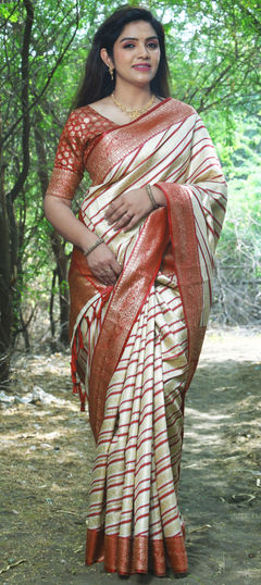 Festive, Reception, Traditional Beige and Brown color Saree in Silk fabric with Rajasthani Lehariya, Weaving, Zari work : 1955496