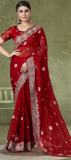 Red and Maroon color Saree in Chiffon fabric with Embroidered, Thread, Zari work