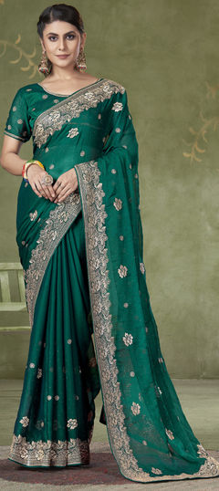 Green color Saree in Chiffon fabric with Embroidered, Thread, Zari work