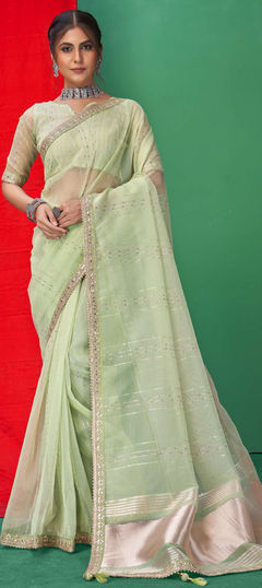 Green color Saree in Organza Silk fabric with Embroidered, Gota Patti, Sequence, Thread work