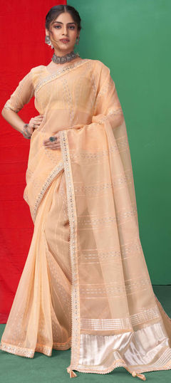 Orange color Saree in Organza Silk fabric with Embroidered, Gota Patti, Sequence, Thread work