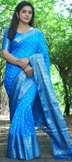 Festive, Party Wear, Traditional Blue color Saree in Kanjeevaram Silk fabric with Rajasthani Bandhej, Printed, Weaving work : 1955502