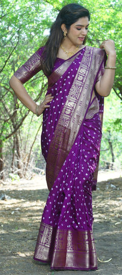 Purple and Violet color Saree in Kanjeevaram Silk fabric with Bandhej, Printed, Weaving work