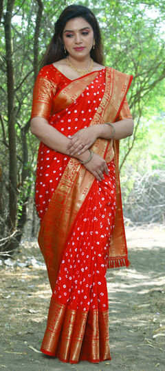 Red and Maroon color Saree in Kanjeevaram Silk fabric with Bandhej, Printed, Weaving work