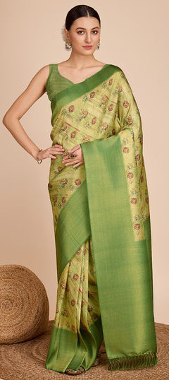 Green color Saree in Kanjeevaram Silk fabric with Printed, Weaving, Zari work