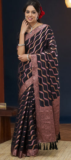 Black and Grey color Saree in Georgette fabric with Lehariya, Weaving, Zari work