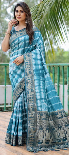 Blue color Saree in Silk fabric with Printed, Tye n Dye, Weaving work