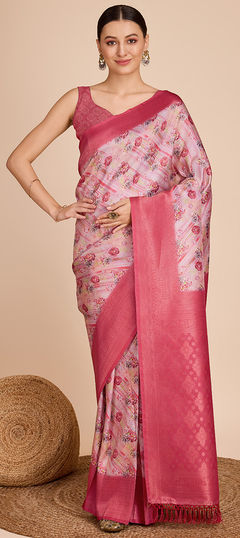 Pink and Majenta color Saree in Kanjeevaram Silk fabric with Printed, Weaving, Zari work