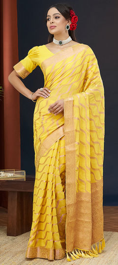 Yellow color Saree in Georgette fabric with Lehariya, Weaving, Zari work