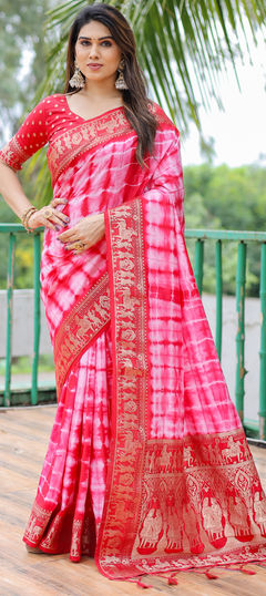 Pink and Majenta color Saree in Silk fabric with Printed, Tye n Dye, Weaving work