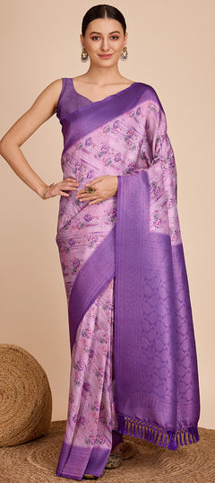 Purple and Violet color Saree in Kanjeevaram Silk fabric with Printed, Weaving, Zari work