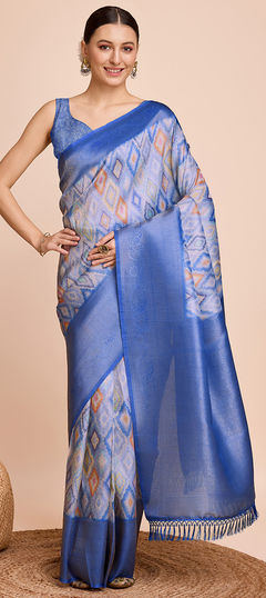 Blue color Saree in Kanjeevaram Silk fabric with Printed, Weaving, Zari work