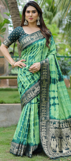 Green color Saree in Silk fabric with Printed, Tye n Dye, Weaving work