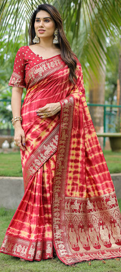 Red and Maroon color Saree in Silk fabric with Printed, Tye n Dye, Weaving work