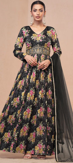 Festive, Reception, Wedding Black and Grey color Gown in Georgette fabric with Embroidered, Floral, Printed, Thread, Zari work : 1955588