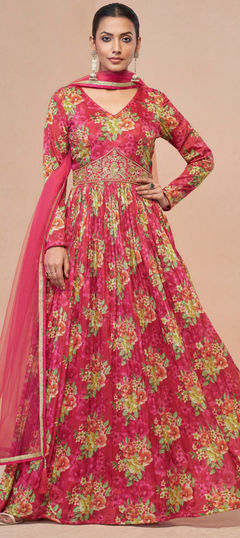 Festive, Reception, Wedding Pink and Majenta color Gown in Georgette fabric with Embroidered, Floral, Printed, Thread, Zari work : 1955589