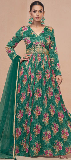 Festive, Reception, Wedding Green color Gown in Georgette fabric with Embroidered, Floral, Printed, Thread, Zari work : 1955590