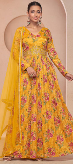 Festive, Reception, Wedding Yellow color Gown in Georgette fabric with Embroidered, Floral, Printed, Thread, Zari work : 1955592