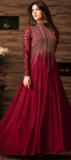 Bollywood Red and Maroon color Salwar Kameez in Net fabric with Anarkali Embroidered, Stone, Zari work : 1955633