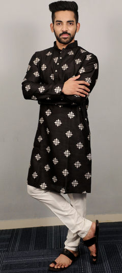 Black and Grey color Kurta Pyjamas in Art Silk fabric with Sequence, Thread work