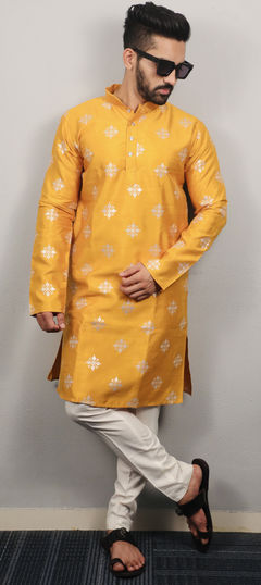 Yellow color Kurta Pyjamas in Art Silk fabric with Sequence, Thread work