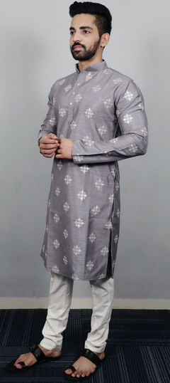 Black and Grey color Kurta Pyjamas in Art Silk fabric with Sequence, Thread work