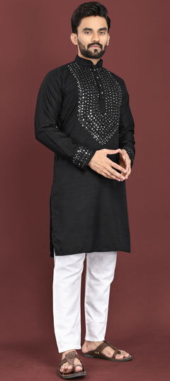 Black and Grey color Kurta Pyjamas in Art Silk fabric with Embroidered, Mirror, Resham, Thread work